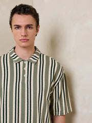 Green/White Button Neck Vertical Stripe Polo Shirt