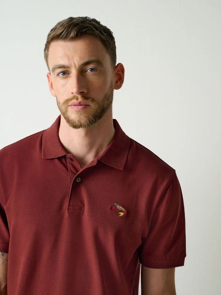 Red Rust Embroided Regular Fit Short Sleeve Pique Polo Shirt