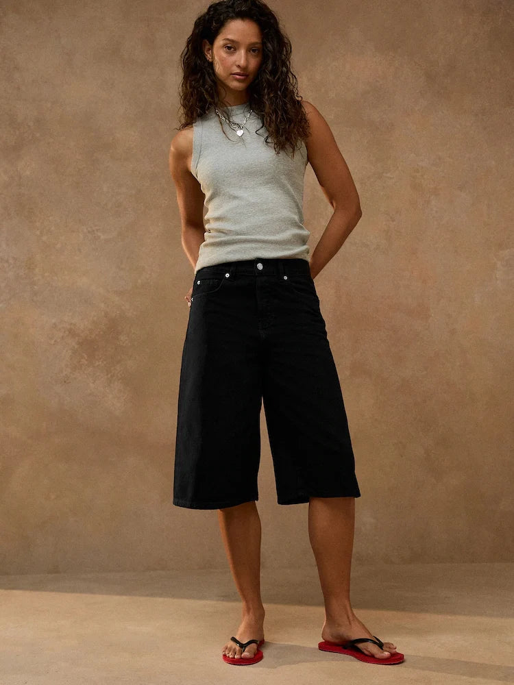 Black Knee Length Denim Jort Shorts