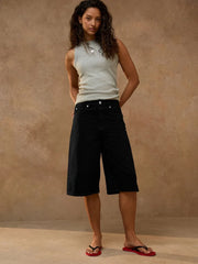 Black Knee Length Denim Jort Shorts