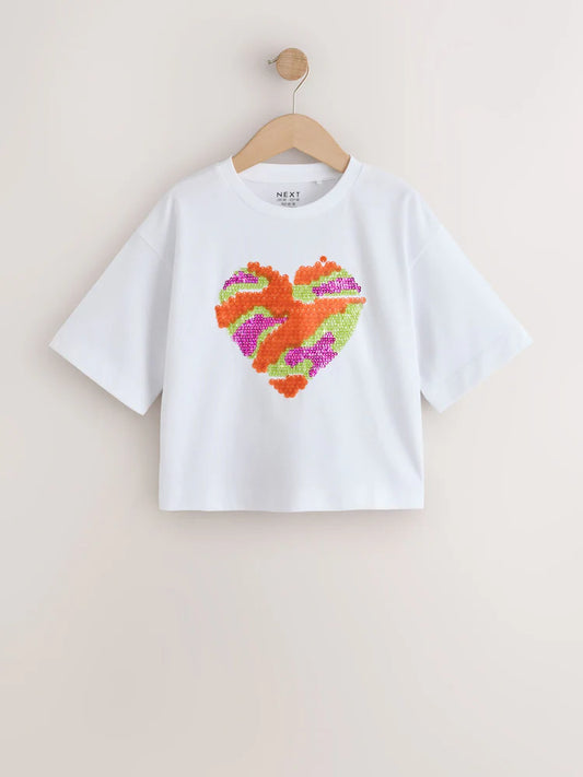 White Pastel Boxy Sequin Heart T-Shirt (3-16yrs)