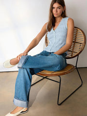 Blue Sleeveless V-Neck Textured Waistcoat
