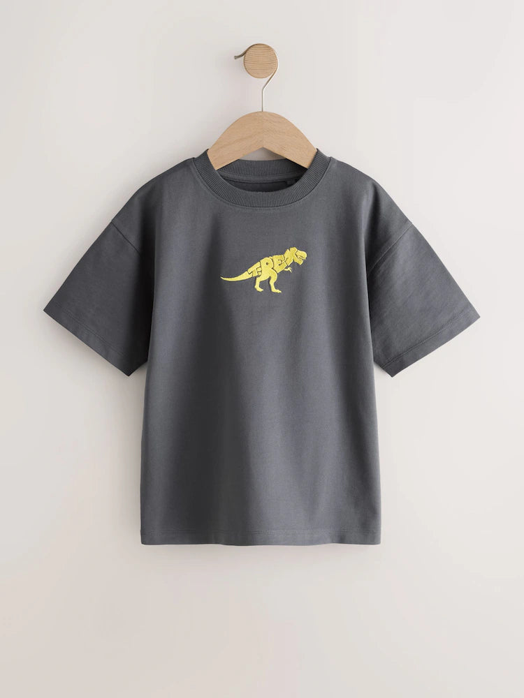 Charcoal Dino Embroidery Short Sleeve Graphic T-Shirt (3-16yrs)