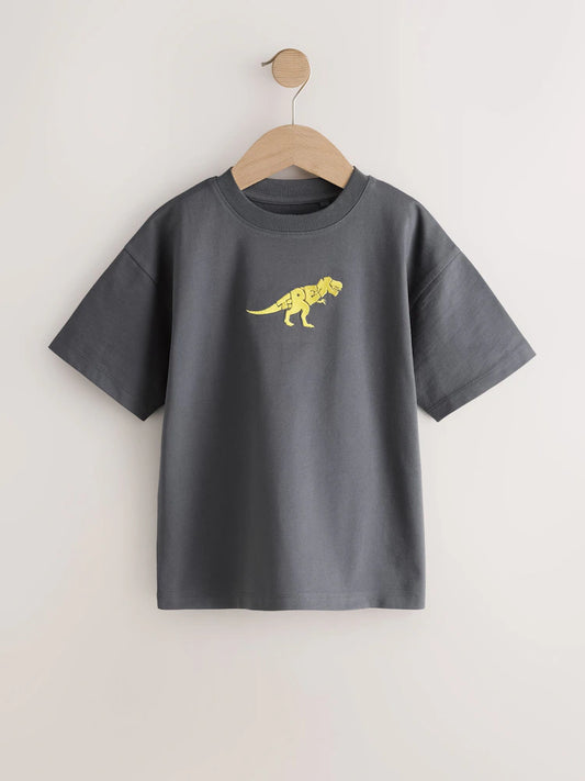 Charcoal Dino Embroidery Short Sleeve Graphic T-Shirt (3-16yrs)