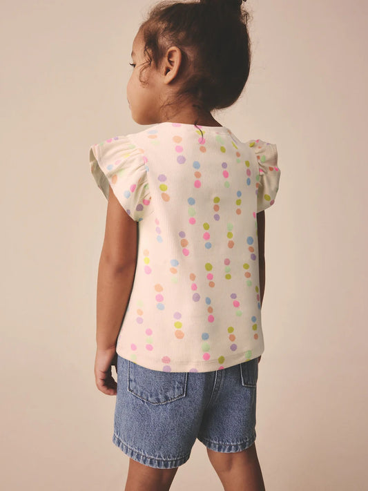 Ecru White Rainbow Spot Frill Shoulder Ribbed Vest (3mths-7yrs)
