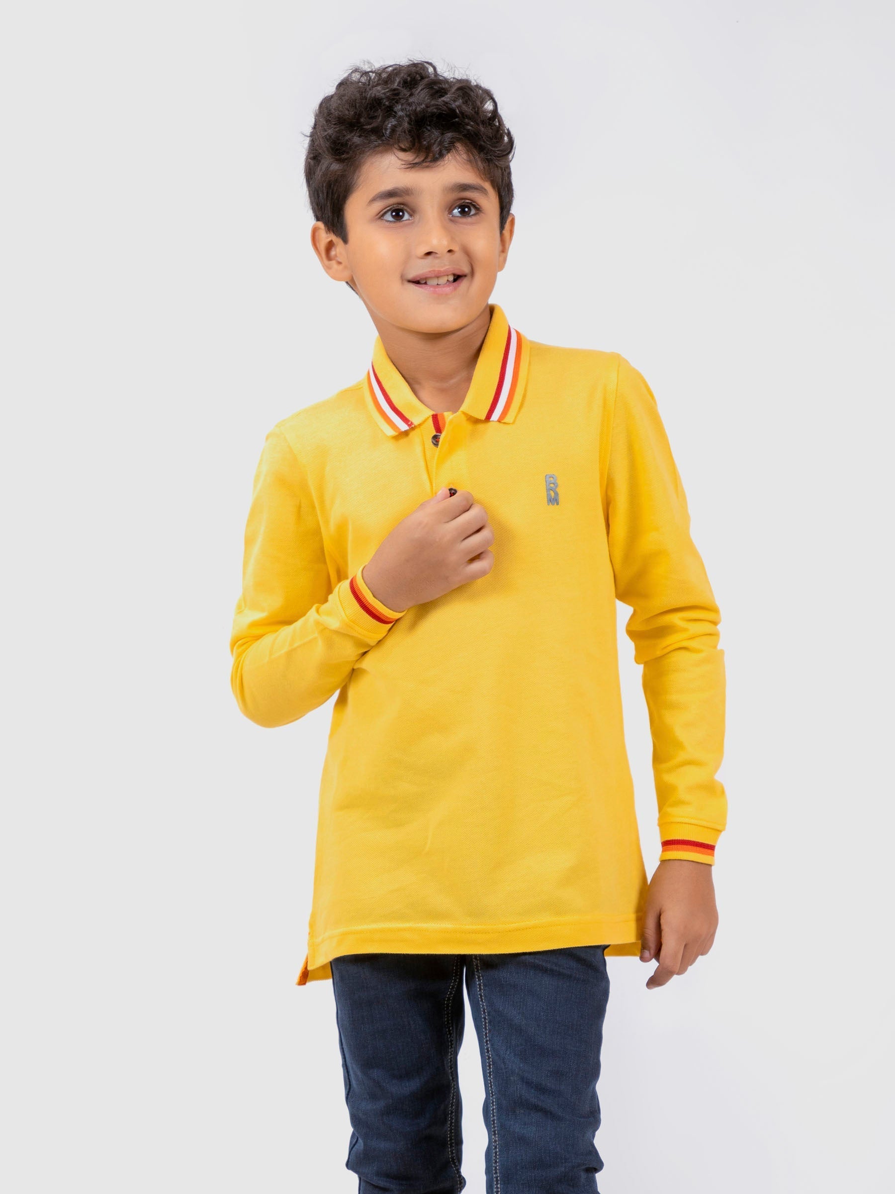 Yellow Contrasting Tipped Long Sleeve Pique Polo Brumano Pakistan