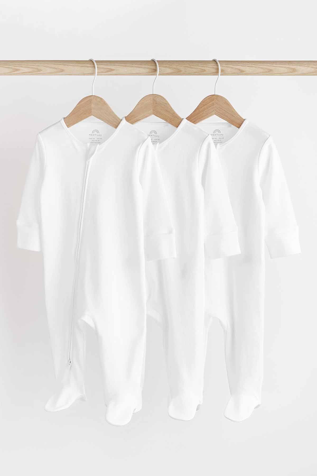 White Essential Zipped 100% Cotton Baby Sleepsuits 3 Pack