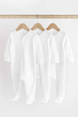 White Essential Zipped 100% Cotton Baby Sleepsuits 3 Pack