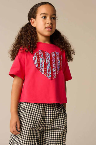 Red 100% Cotton Sequin Heart Print T-Shirt