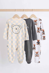 Bear Checkerboard Baby Sleepsuits 3 Pack