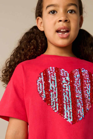 Red 100% Cotton Sequin Heart Print T-Shirt