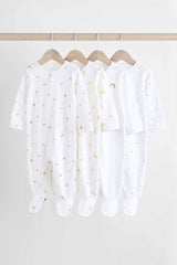 White Bright Character 4 Pack Baby 100% Cotton Sleepsuits