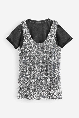 Silver Sequin Pinafore Dress And T-Shirt Set