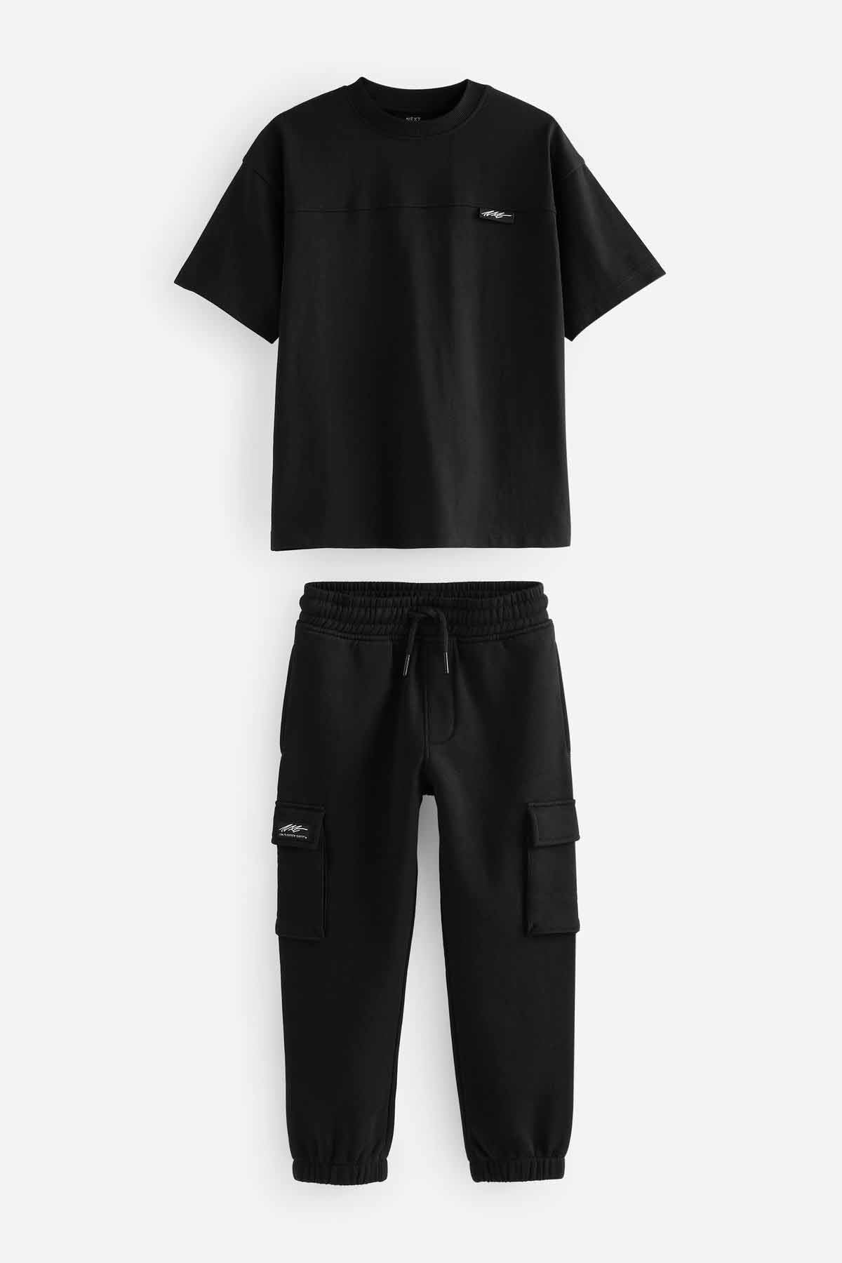 Black 100% Cotton Short Sleeve Utility T-Shirt and Joggers Set