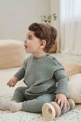 Mineral Blue Baby Textured Knit 100% Cotton Top and Leggings Set