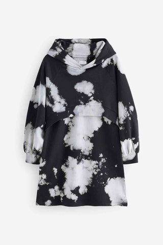 Black/White 100% Cotton Tie Dye Hoodie Dress