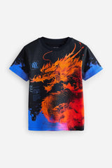 Black/Orange Dragon Regular Fit Short Sleeve All-Over Print 100% Cotton T-Shirt