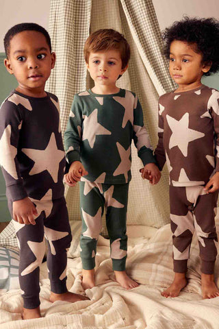 Green/Ecru/Brown Stars 3 Pack Snuggle 100% Cotton Pyjamas