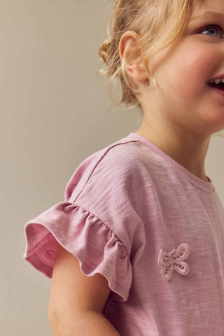 Pink Short Sleeve Butterfly Appliqué 100% Cotton T-Shirt