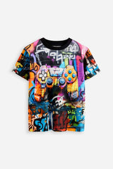 Black Graffiti Controller Short Sleeve All Over Print 100% Cotton Regular Fit T-Shirt