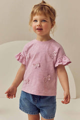 Pink Short Sleeve Butterfly Appliqué 100% Cotton T-Shirt