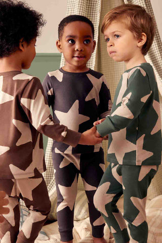 Green/Ecru/Brown Stars 3 Pack Snuggle 100% Cotton Pyjamas