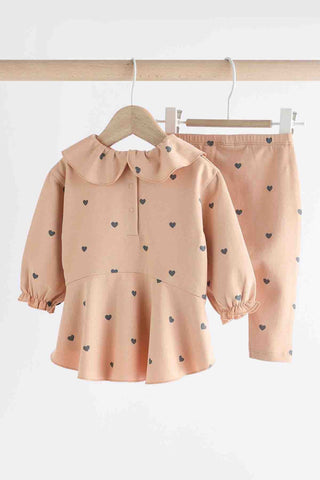 Beige Heart Print Baby Long Sleeve Frill Top And Leggings Set