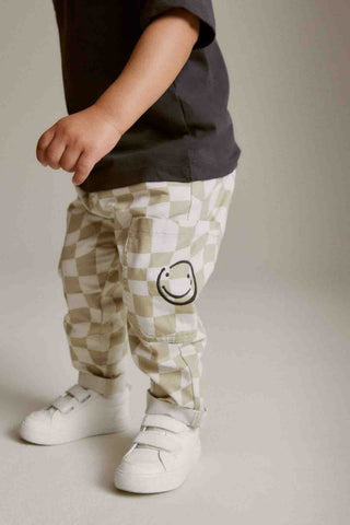 Neutral Checkerboard 100% Cotton Side Pocket Pull-On Trousers