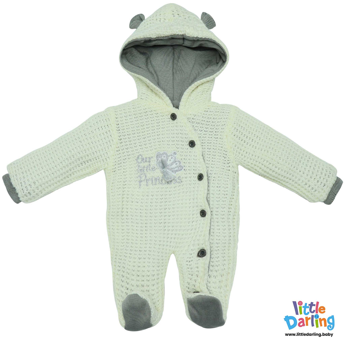 Hooded Woolen Romper Our Little Princes Embroidery Off White Color By Little Darling