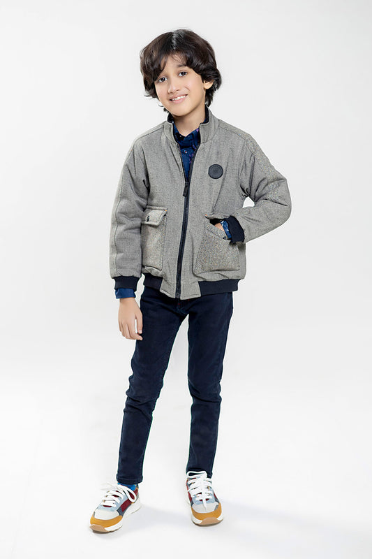 Grey Quilted Casual Jacket With Cashmere Pockets