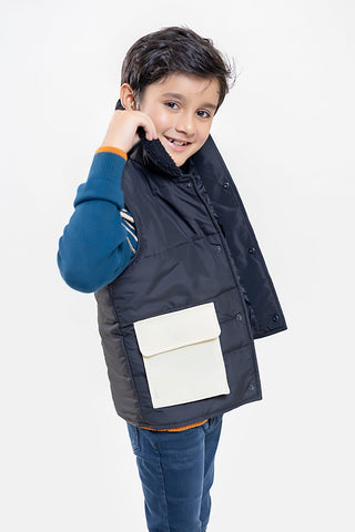Black Casual Sleeveless Jacket With Sherpa Collar