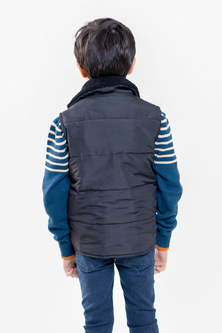 Black Casual Sleeveless Jacket With Sherpa Collar