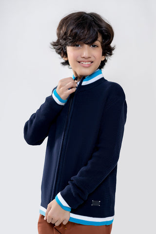 Navy Blue Casual Zpper With Contrasting Rib