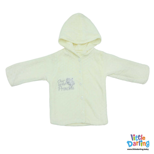Hooded Woolen Jacket Our Little Princess Embroidery Off White Color | Little Darling