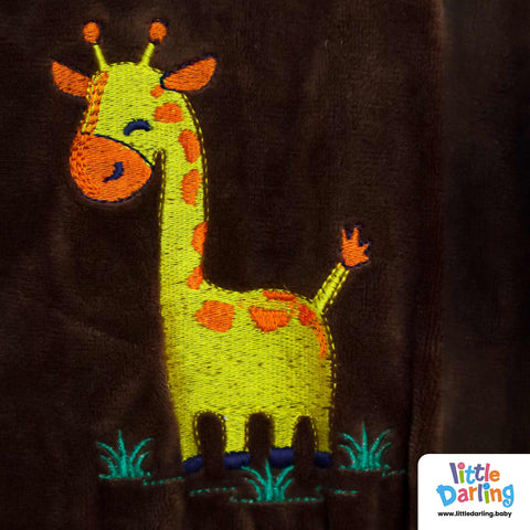 Hooded Velour Romper Giraffe Embroidery Dark Brown Color | Little Darling