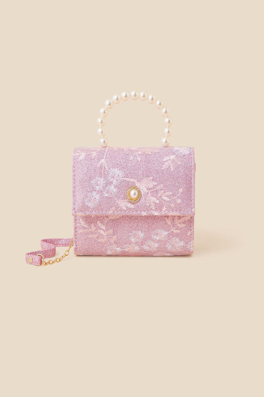 Girls Embroidered Pearl Handle Bag