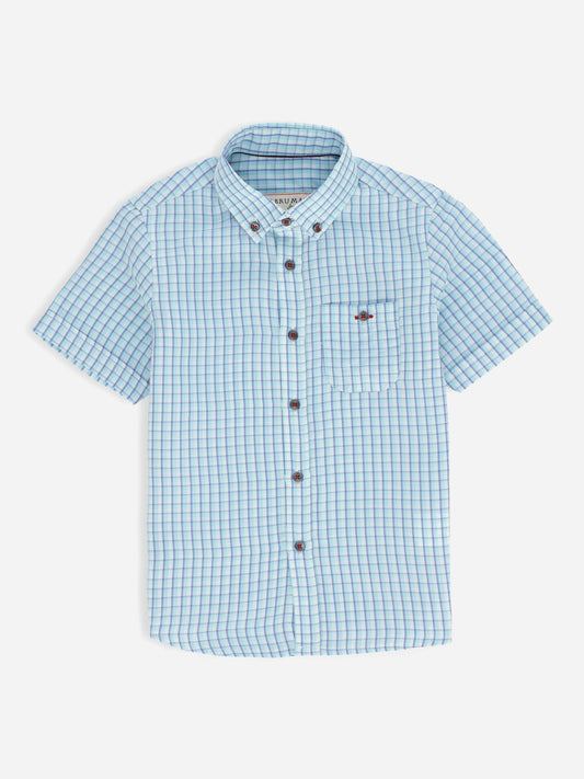 Aqua Blue Cotton/Linen Checkered Half Sleeve Casual Shirt