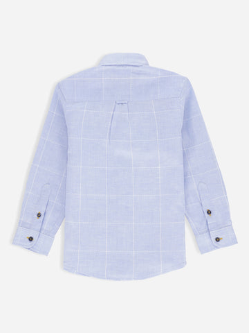 Blue Linen Checkered Long Sleeve Casual Shirt