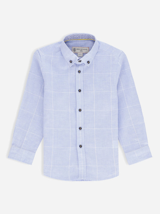 Blue Linen Checkered Long Sleeve Casual Shirt