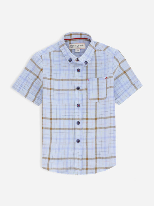 Blue & Brown Cotton/Linen Casual Half Sleeve Shirt