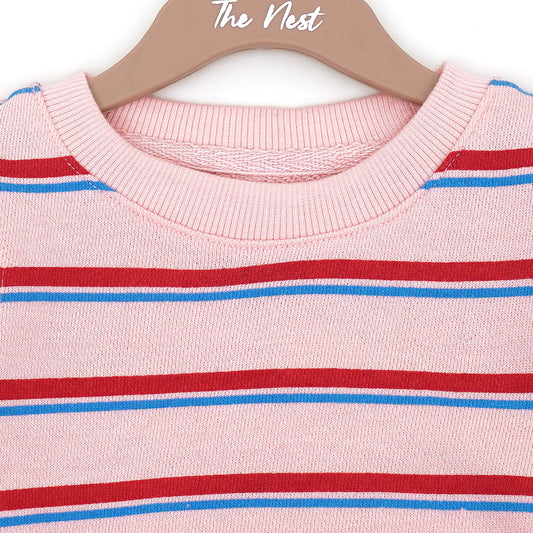 Pink Sweatshirt with Red and Blue Stripes