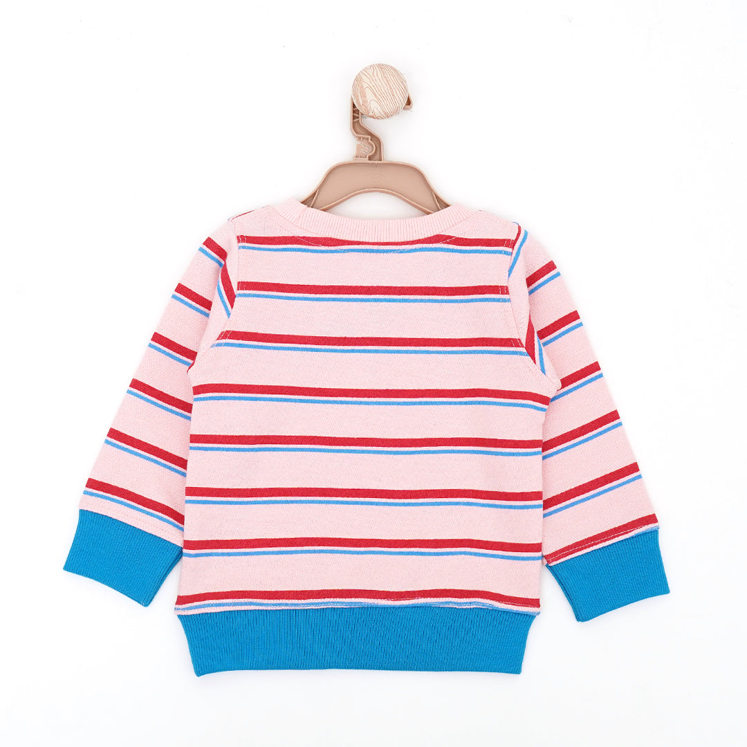 Pink Sweatshirt with Red and Blue Stripes