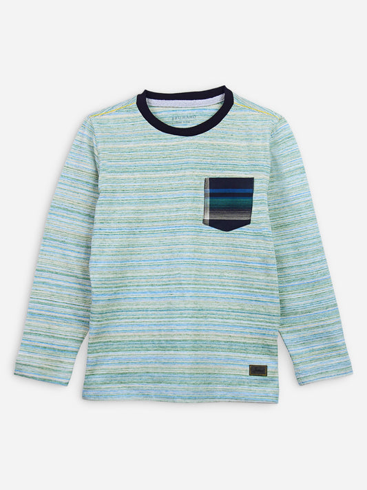 Green Multi Color Striped Long Sleeve Casual T-Shirt Brumano Pakistan