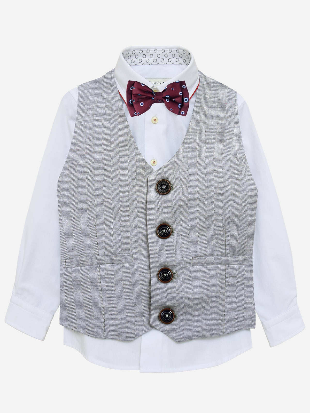 Grey Herringbone Suit Vest With Maroon Bow Brumano Pakistan