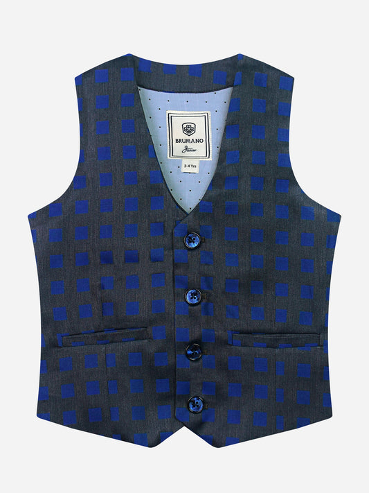 Grey & Blue Square Patterned Suit Vest With Bow Brumano Pakistan