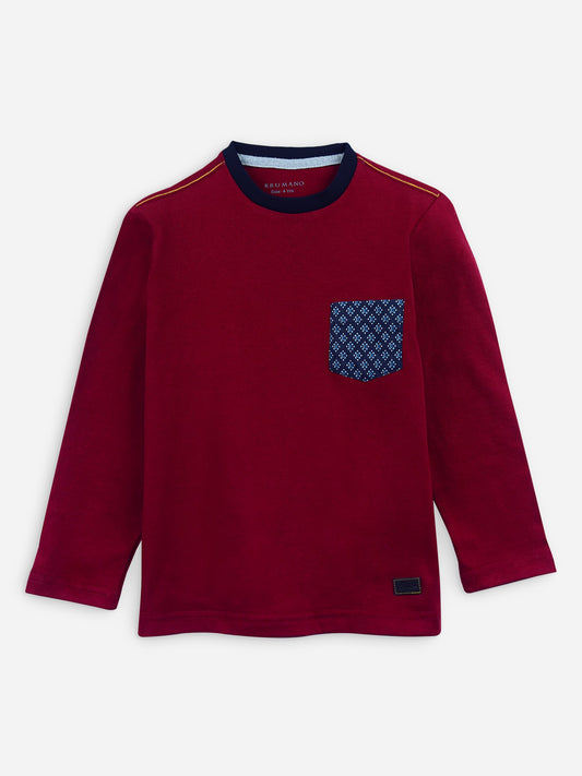 Maroon Long Sleeve Casual T-Shirt With Pocket Brumano Pakistan