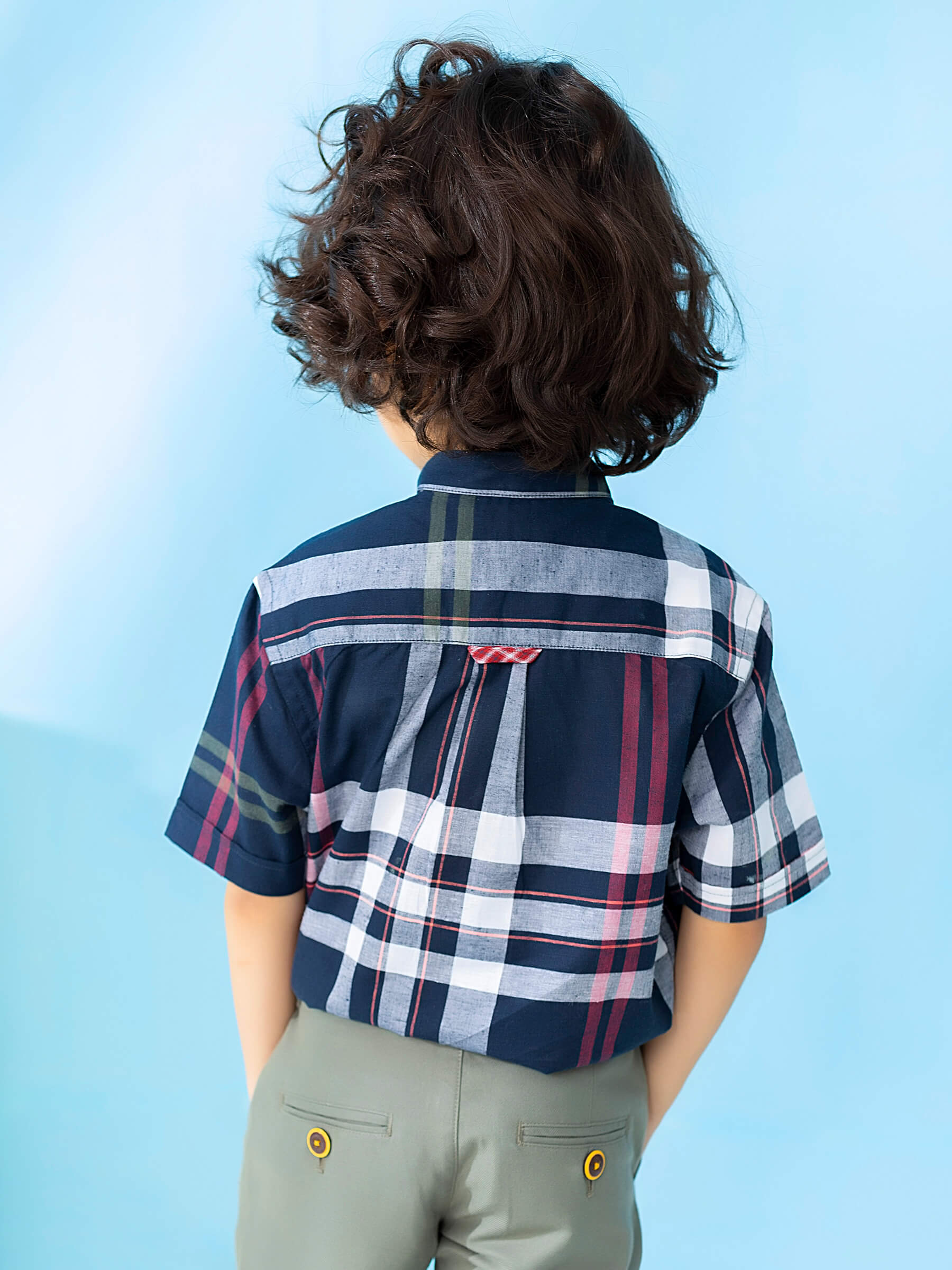 Navy Checkered Mao Collar Casual Short Sleeve Shirt Brumano Pakistan