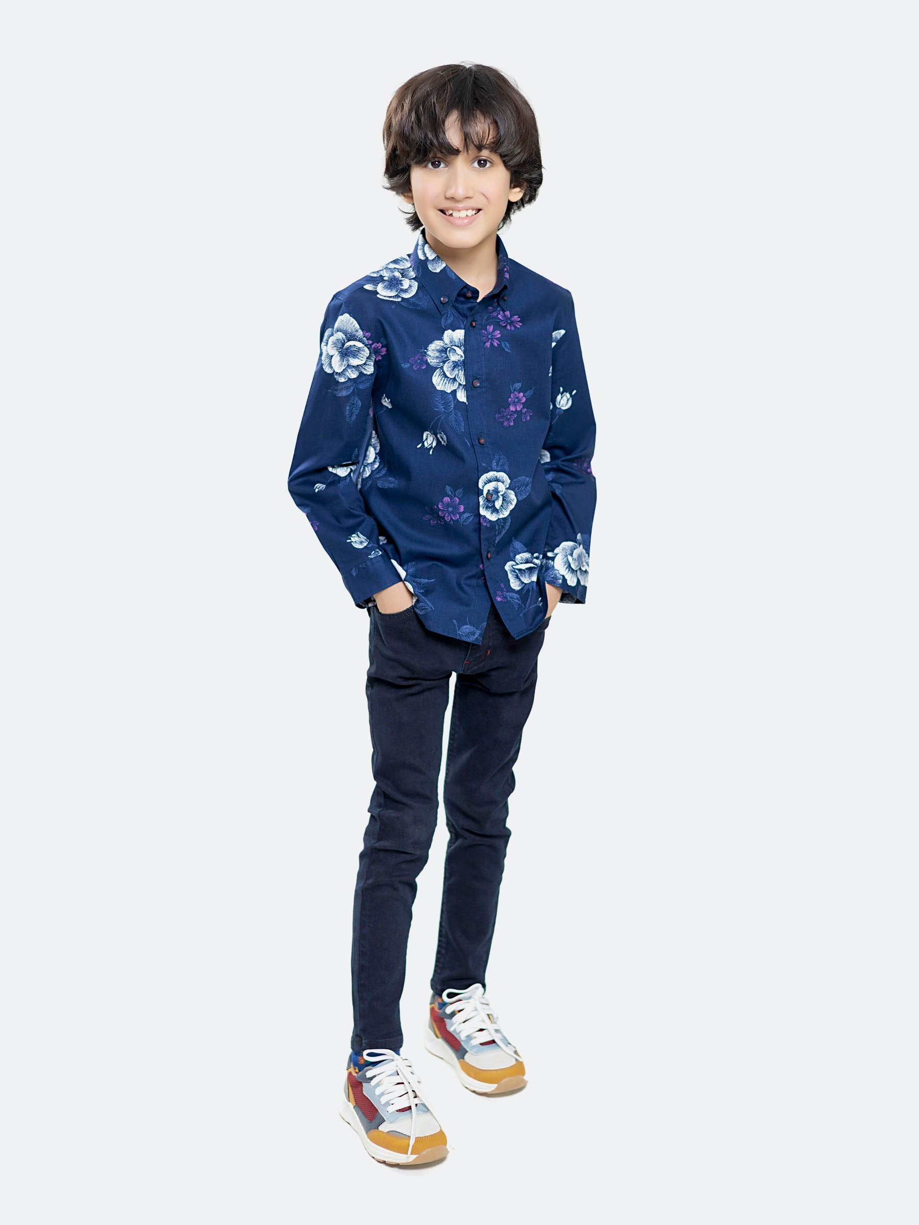 Navy Blue Bold Printed Sleeve Casual Shirt Brumano Pakistan