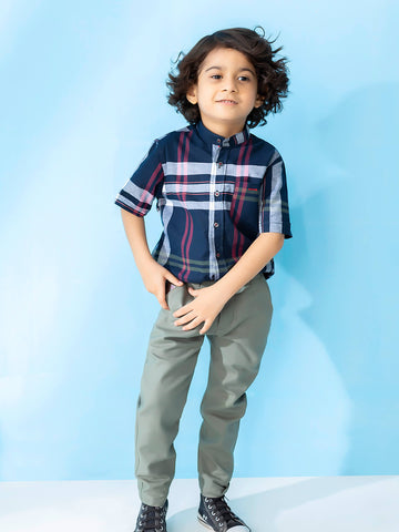 Navy Checkered Mao Collar Casual Short Sleeve Shirt Brumano Pakistan