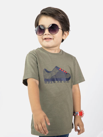 Olive Green Graphic 'Step' Printed Casual Tee  Brumano Pakistan